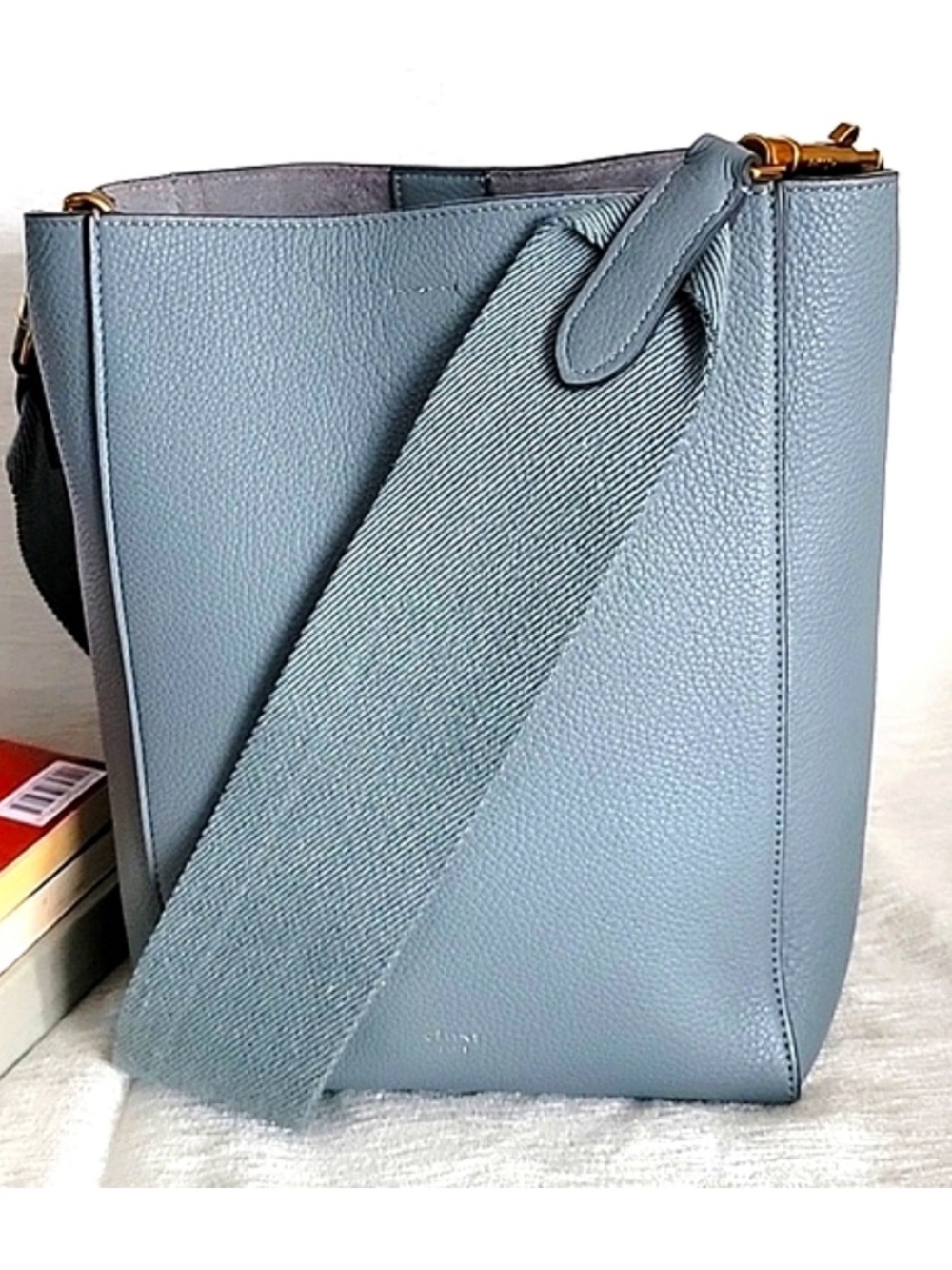 CELINE Seau Sangle blue calf leather canvas strap bucket shoulder bag small size